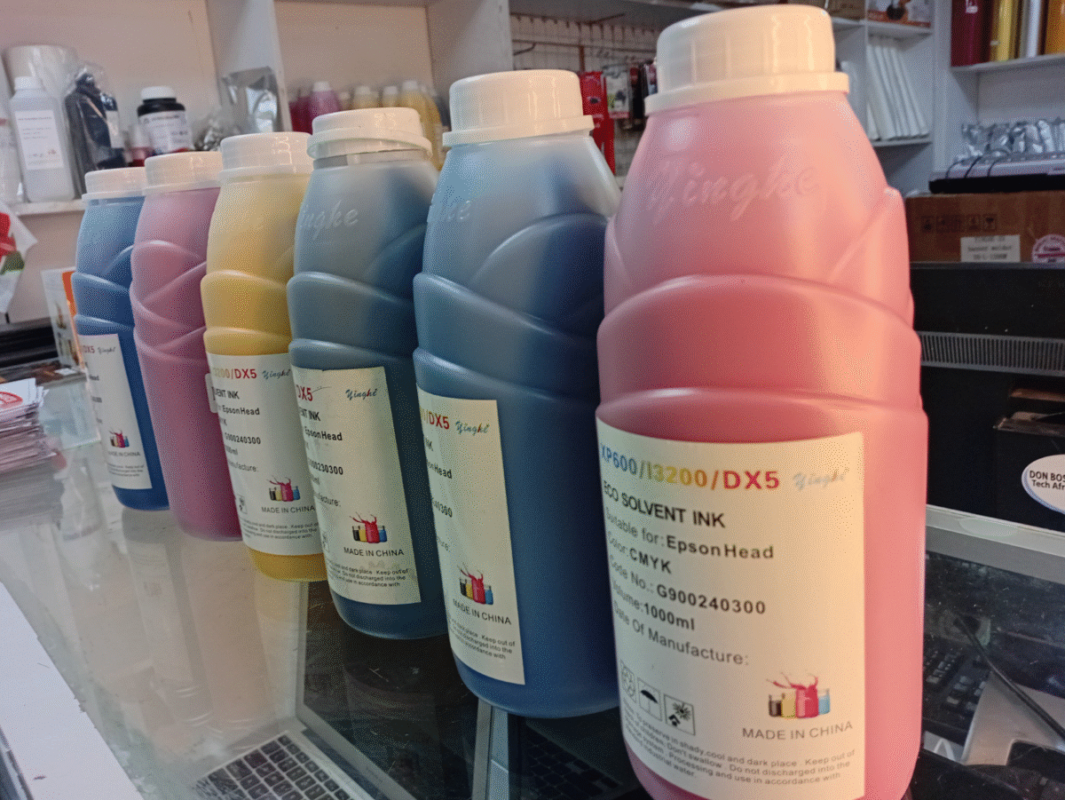 Eco-solvent large format ink bottle for wide-format printers on white background