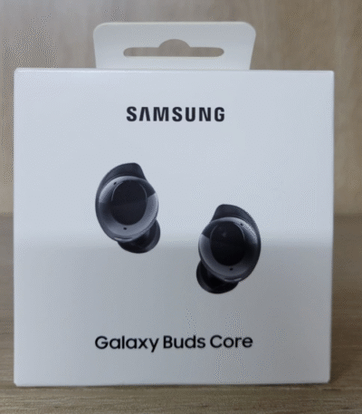 Samsung Galaxy Buds Core black true wireless earbuds in open charging case
