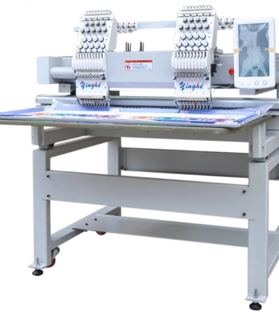 2 head embroidery machine working on a multi-color embroidery project on a jacket