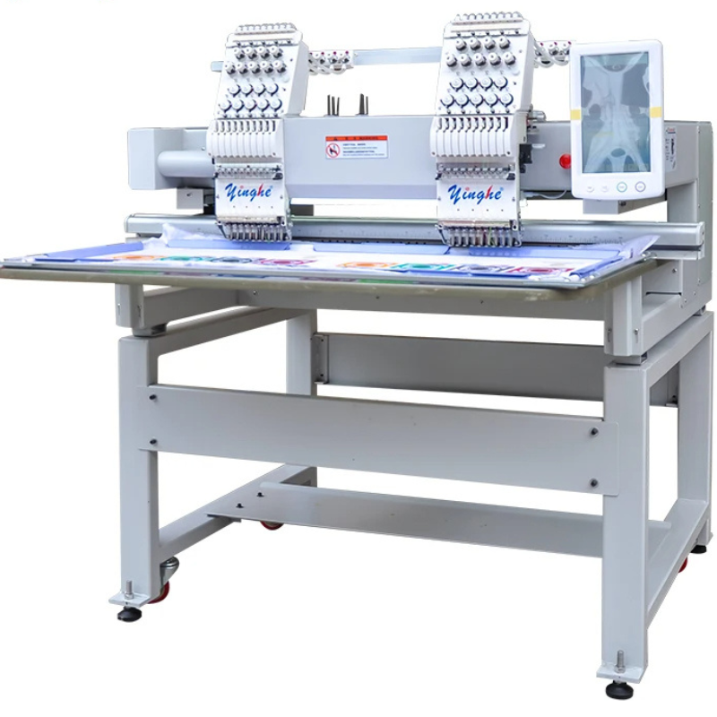 2 head embroidery machine working on a multi-color embroidery project on a jacket