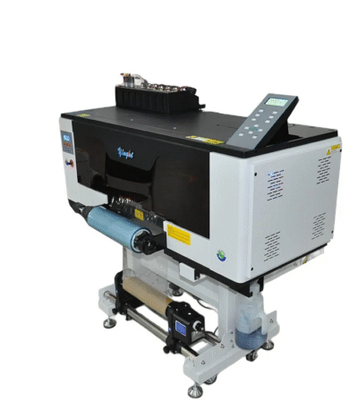 A3 UV DTF printer printing colorful stickers on roll media with XP600 printheads