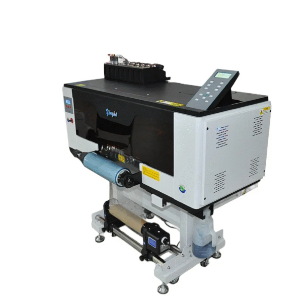 A3 UV DTF printer printing colorful stickers on roll media with XP600 printheads