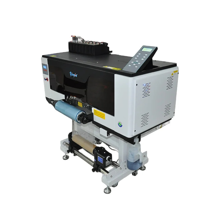 A3 UV DTF printer printing colorful stickers on roll media with XP600 printheads