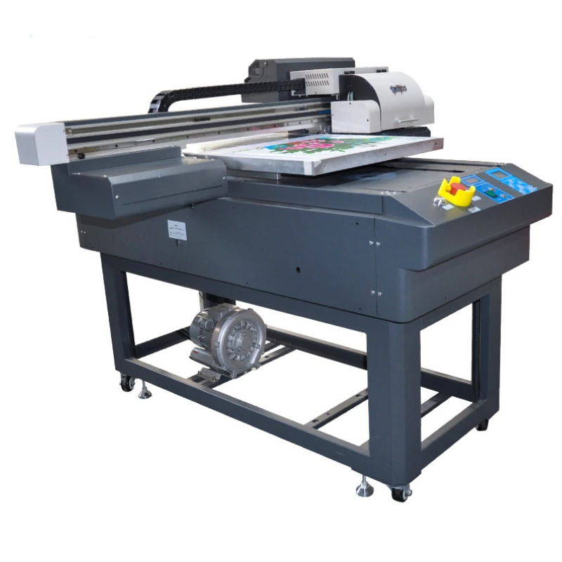 UV flatbed printer printing colorful images on glass, metal, and wood substrates