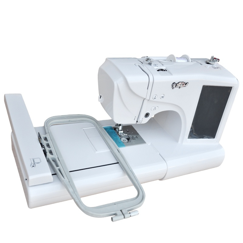 Desktop single head embroidery sewing machine stitching a detailed design