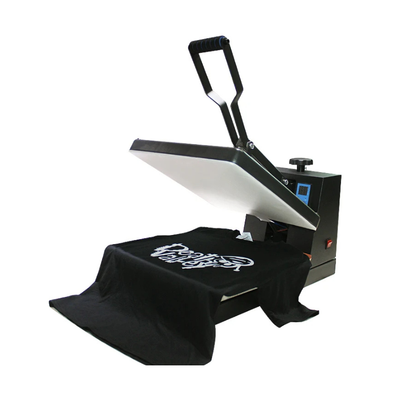 "A3 flatbed heat press machine with digital control panel and large printing platen"
