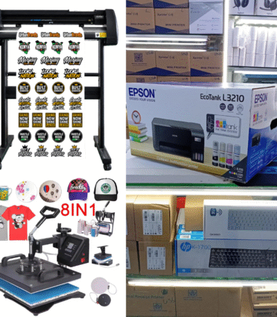 Morjay Graphics sublimation printer and 8-in-1 heat press bundle with blank mugs, caps, tumblers and keychains